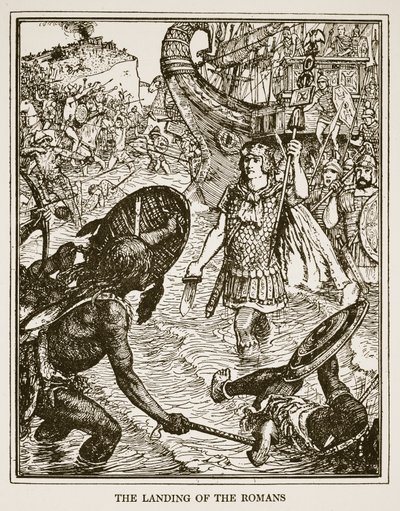 A rómaiak partraszállása, illusztráció az „Anglia történetéből”, C.R.L. Fletcher és Rudyard Kipling, 1911 alkotó: Henry Justice Ford