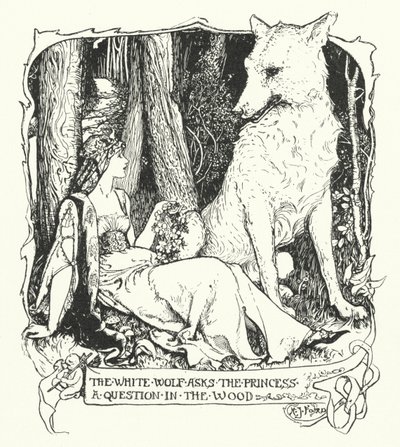 A fehér farkas kérdést tesz fel a hercegnőnek az erdőben (metszet) alkotó: Henry Justice Ford