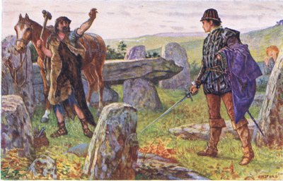 Tresilian szembeszáll a titokzatos patkolókovácssal, illusztráció: Kenilworth, 1910 körül alkotó: Henry Justice Ford