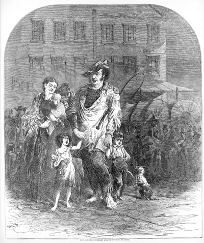 Észak-Missouri menekültjei St. Louisba érkeznek, 1894 körüli kiadás. alkotó: Henry Louis Stephens