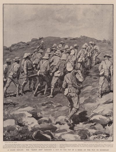 Egy nagyszerű mutatvány, amikor a kézügyesek egy puskát visznek a Kopje tetejére a Kimberley felé vezető úton. alkotó: Henry Marriott Paget
