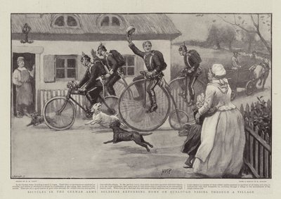 Kerékpárok a német hadseregben, katonák hazatérő szabadságon, lovagolva egy falun alkotó: Henry Marriott Paget
