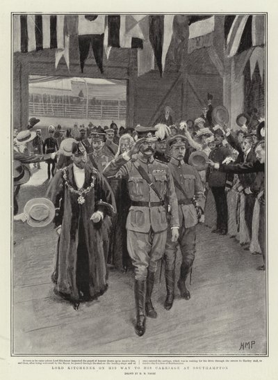 Lord Kitchener útban a hintója felé Southamptonban alkotó: Henry Marriott Paget
