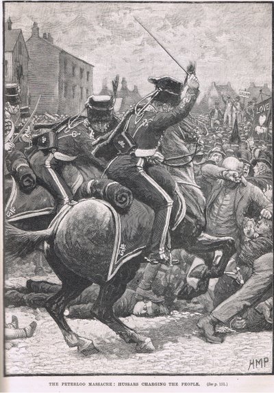 Peterloo-i mészárlás a huszárokkal az emberek ellen, illusztráció Cassell „Anglia illusztrált története” című művéből, 1910 körül. alkotó: Henry Marriott Paget