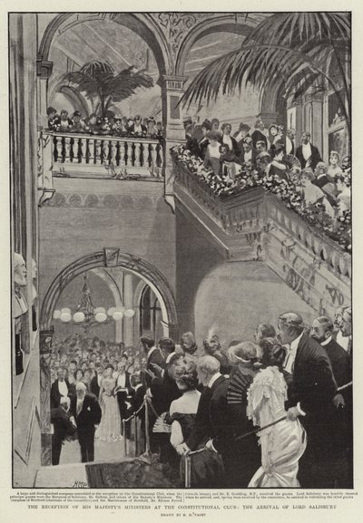 Őfelsége minisztereinek fogadása az alkotmányos klubban, Lord Salisbury érkezése alkotó: Henry Marriott Paget