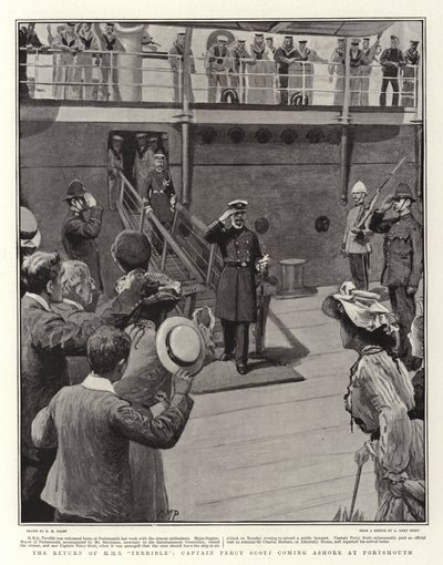 H M S Terrible visszatérése, Percy Scott kapitány kiszáll a partra Portsmouthban alkotó: Henry Marriott Paget