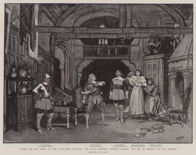 A vörös köpeny alatt a Haymarket Színházban, a jelenet Larolle kapitány és Gil de Berault között a kastélyban. alkotó: Henry Marriott Paget