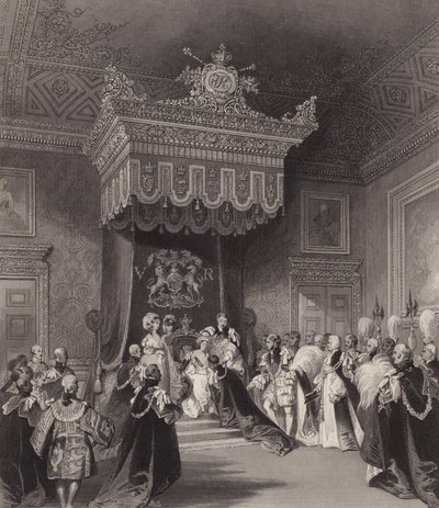 Viktória királynő a trónon, Szent Jakab-palota, London (metszet) alkotó: Henry Melville