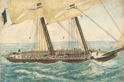 A portugál rabszolgatartó, Diligentét elfogta H.M. Sloop Pearl 600 rabszolgával a fedélzetén, 1838. május. alkotó: Henry Samuel Hawker