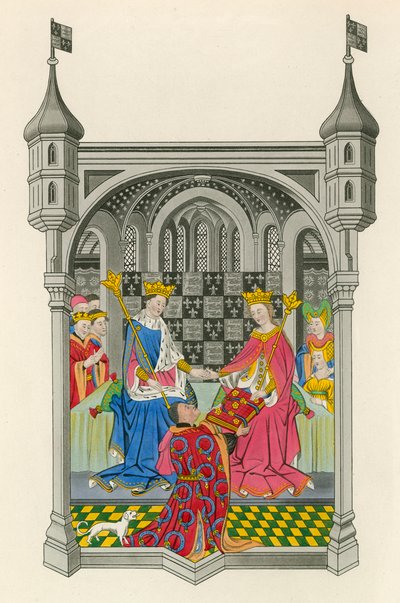 John Talbot, Shrewsbury grófja bemutatja könyvét Margaret királynőnek, illusztrációja Henry G. Bohn „Ruhák és dekorációk” című könyvéből alkotó: Henry Shaw