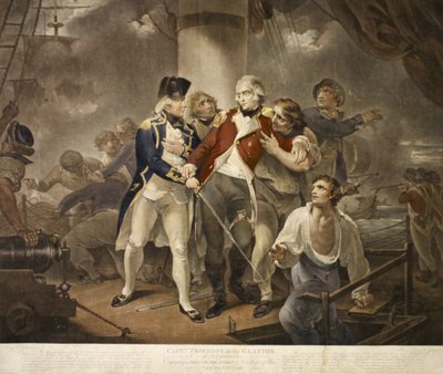 Trollope százados az 54 Carronades Glattonban Egy 230 ágyút szállító, 8 hadihajóból álló francia osztag bevonásával, James Daniell metszete, 1797 (mezzotint) alkotó: Henry Singleton