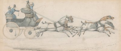 Egy úriember négyes fogatot hajt postakocsi előtt, három istállófiú kíséretében alkotó: Henry Thomas Alken