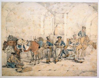Huszárok a félszigeten, esetleg 1. huszárok, Német Királyi Légió, 1808 körül alkotó: Henry Thomas Alken
