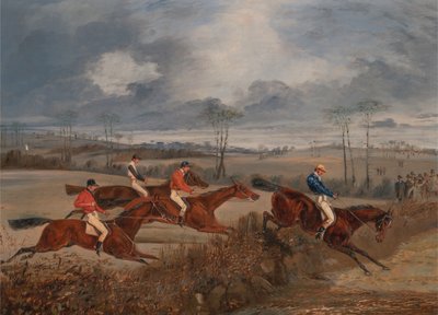 Jelenetek egy akadályversenyből: Taking a Hedge, kb. 1845. alkotó: Henry Thomas Alken
