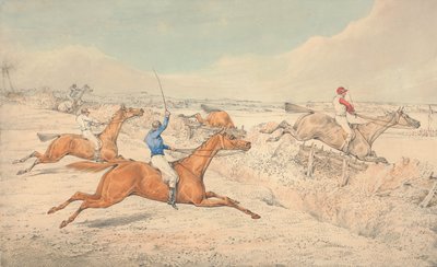 Akadályverseny: négy lovas árkot és oxert ugrik alkotó: Henry Thomas Alken