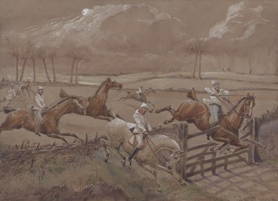 The Last Field near Nacton Heath, 3. lemez, The First Steeple Chase on Record, metszett J. Harris, nyomta Ackermann, London 1839-ben (színes akvatinta) alkotó: Henry Thomas Alken