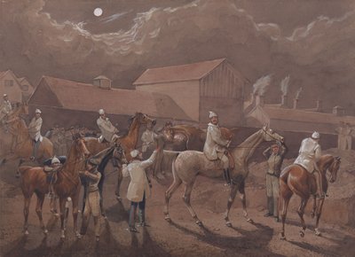 Nacton éjszakai lovasai: Indulás előkészületei. Ipswich, az itatóhely a laktanyák mögött alkotó: Henry Thomas Alken