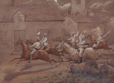 Nacton éjszakai lovasai: A cél. Nacton temploma és faluja alkotó: Henry Thomas Alken