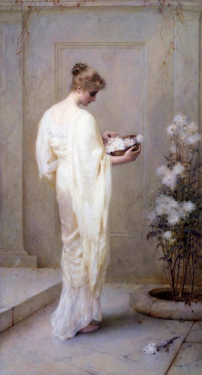 "Divinely Fair" Fehérbe öltözött fiatal nő, kezében virággal, amely a tisztaságot szimbolizálja. Henry Thomas Schaefer (1845-1915) festménye 1893 (pre-rafaelita) Magántulajdon. alkotó: Henry Thomas Schaefer