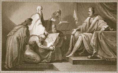 I. Vilmosnak ajándékozott ítéletnapi könyv, J. Fittler metszete, illusztráció David Hume "The History of England" című művéből, kiadta R. Bowyer, London, 1812. alkotó: Henry Tresham