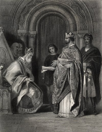 Henrik átadja a pápa bulláját Cashel érsekének, amelyet G. Greatbach metszett alkotó: Henry Warren