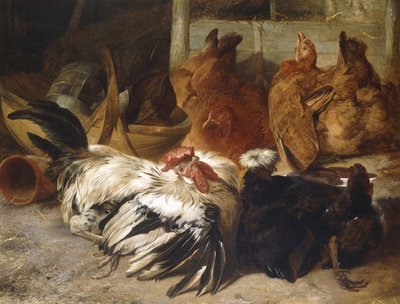 Egy ezüstszürke rózsasejt-kakas és egy fehér tarajos fekete lengyel, két tyúkkal, alkotó: Henry Weekes