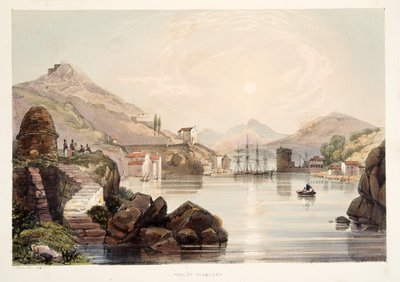 Port of Passages, a Díszletrajzok Spanyolország baszk tartományaiból, válogatott nemzeti zenével ?, kocsma. 1838 (kézzel színezett metszet) alkotó: Henry Wilkinson