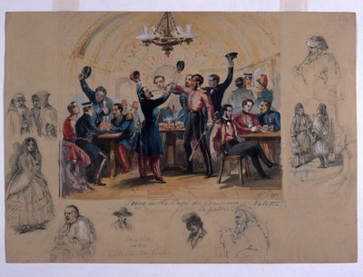 Jelenet a Cafe du Commerce Valetta-ban, „Dying for the Fatherland”, Málta, 1854 (wc és ceruza papíron) alkotó: Henry Wilkinson