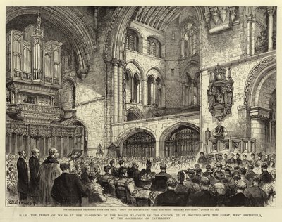 Őfelsége a walesi herceg a West Smithfield-i Nagy Szent Bertalan-templom északi kereszthajójának a Canterbury érsek általi újranyitásán. alkotó: Henry William Brewer