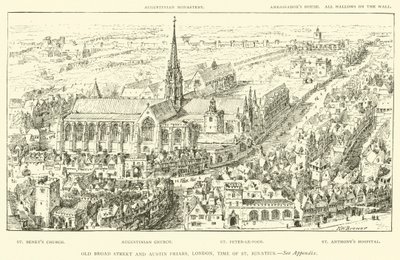 Old Broad Street és Austin Friars, London, Szent Ignác ideje (metszet) alkotó: Henry William Brewer