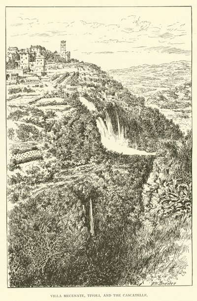 Villa Mecenate, Tivoli és a Cascatelle (metszet) alkotó: Henry William Brewer