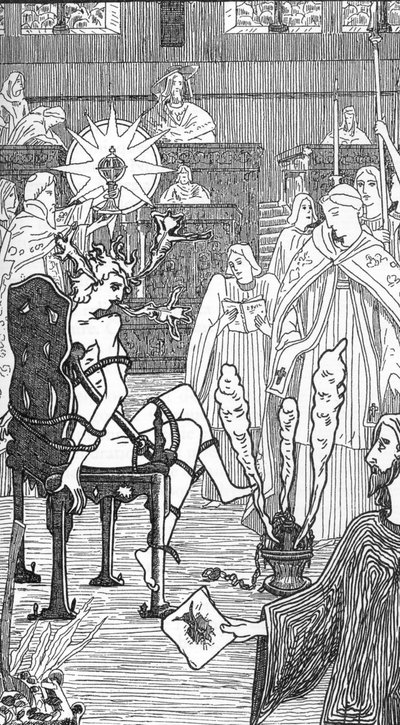 Egy ördögűzési szertartás ábrázolása Henry de Malvost rajza Jules Bois „Sátánizmus és mágia” című könyvéből 1895 Magángyűjtemény alkotó: Henry de Malvost