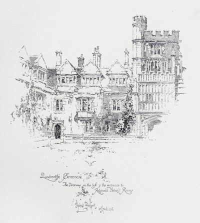 Brasenose College, Oxford, amely bemutatja Reginald Heber angol pap és író szobáinak bejáratát (litho) alkotó: Herbert (after) Railton