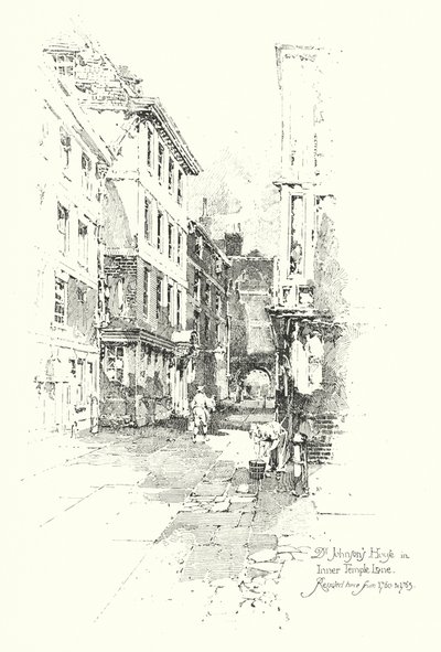 Dr. Johnson háza, az Inner Temple Lane, 1760 és 1765 között lakott ott (litho) alkotó: Herbert (after) Railton