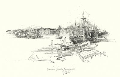 Greenwich Kórház és hajózás, 1749-ben (litho) alkotó: Herbert (after) Railton