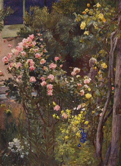 Catherine Mermet és Marechal Niel otthonában, a rózsakertben (színes litográfia) alkotó: Herbert Arnould Olivier