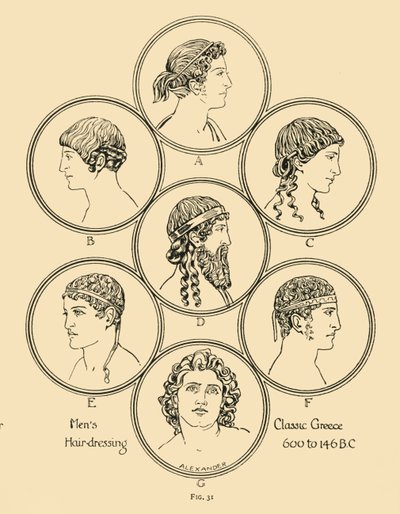 Férfi fodrászat – Klasszikus Görögország, i.e. 600-146, 1924. alkotó: Herbert Norris