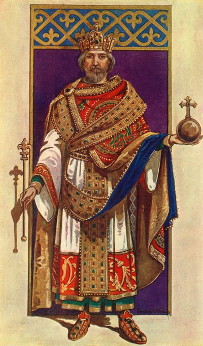 Nagy Károly császár teljes ruhában, i.sz. 800, 1924. alkotó: Herbert Norris