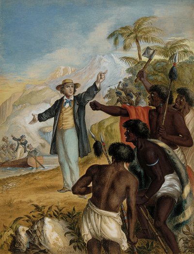 Egy skót misszionárius a partra szállva harcoló maorikkal száll szembe, 1868 alkotó: Herbert Parsons