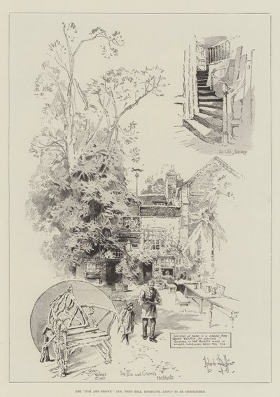 A bontás előtt álló Fox and Crown Inn, West Hill, Highgate alkotó: Herbert Railton