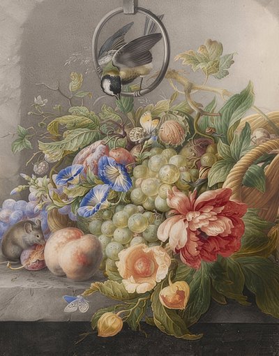 Csendélet virágokkal, gyümölcsökkel, széncineggel és egérrel. 1700-10 körül alkotó: Herman Henstenburgh