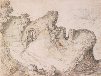 Sziklás táj romokkal, férfiarc profilját alkotva, c. 1650 alkotó: Herman Saftleven