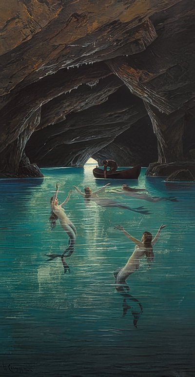 Egy halász és sellők a kék barlangban Capri szigetén alkotó: Hermann David Salomon Corrodi