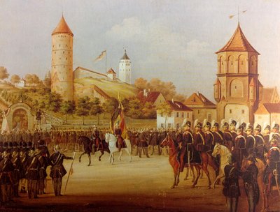 Hermann Volz A biberachi milícia felvonulása a Riedlinger Toron 1849-ben alkotó: Hermann Volz