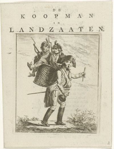 Dallap és rajzfilm katonákkal Rajzfilm Willem V-ről A kereskedő Landzaatenben (cím a tárgyon) alkotó: Hermanus Fock