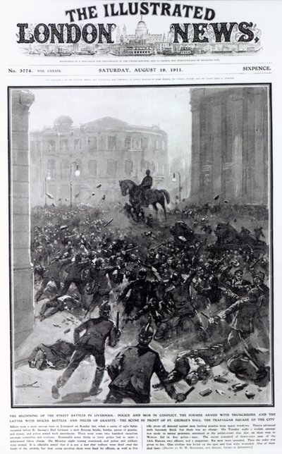 Harcok a liverpooli általános közlekedési sztrájknál, a „The Illustrated London News” címlapja, 1911. augusztus 19. (nyomtatott) alkotó: Hermanus Willem Koekkoek
