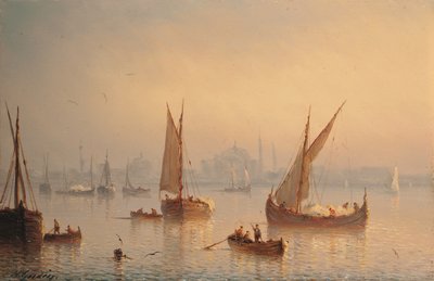 Hajók a Boszporuszon, a Hagia Sophia mecset túloldalán (olaj a panelen) alkotó: Herminie or Henriette (fl.1849-53) Gudin