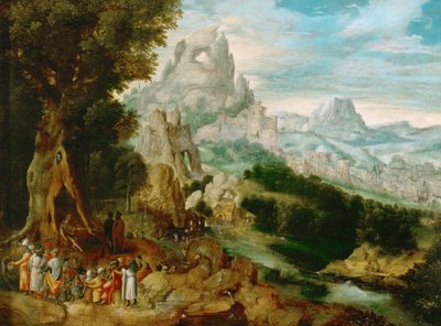 Paysage avec Saint Jean Baptiste prechant - Táj Keresztelő Szent János prédikációjával, Herri met de Bles (Henri Bles) (1510-1550). Olaj, fa, kb. 1535-1540. Mérete: 29x39 cm. Művészettörténeti Múzeum, Vienne alkotó: Herri met de (c.1510 p.1550) Bles
