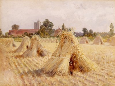 Corn Stooks by Bray Church, 1872 (olaj, papír, kartonra fektetve) alkotó: Heywood Hardy
