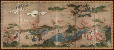 Les spectators des erables (Mapple Viewers) - Hatpaneles képernyő - Kano Hideyori munkája (aktív 1565-1576), akvarell és tinta papíron - Japán művészet alkotó: Hideyori Kano